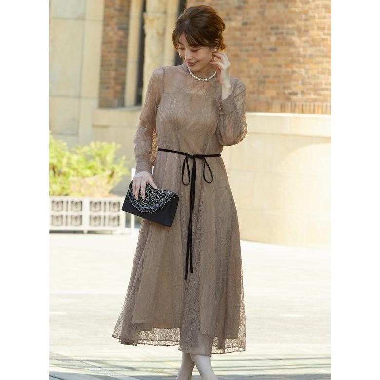 パーティードレス ドレス 結婚式 ワンピース ベロアリボンソフトレースドレス モカ 親族 ワンピ お呼ばれ 30代 40代 50代 演奏会 同窓会 二次会 受賞店