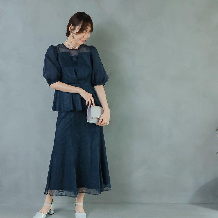 パーティードレス 結婚式 親族 服装 お呼ばれドレス レースドレス 大きいサイズ ツーピース 30代 40代 50代 おしゃれドレス 袖あり 膝下 セパレートドレス_2
