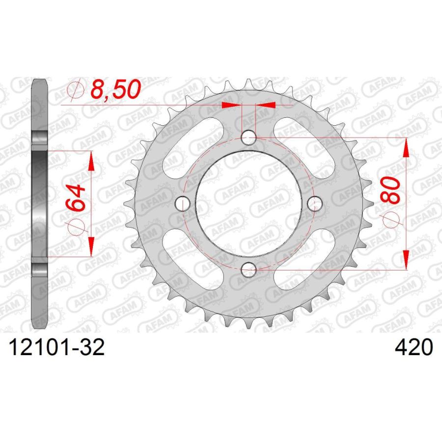 AFAM (アファム) Rスチールスプロケット 420-32 PW80 83-10、Chappy50 80-81/88-94、RZ50 81-89 12101-32 |  | 01