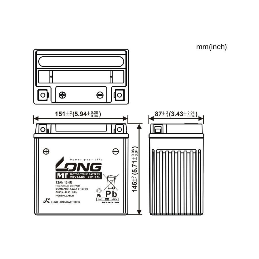 ロングバッテリー バッテリー 12V/12Ah 液注入済 互換 YTX14-BS/FTX14-BS/FTZ14-BS WTX14-BS |  | 01