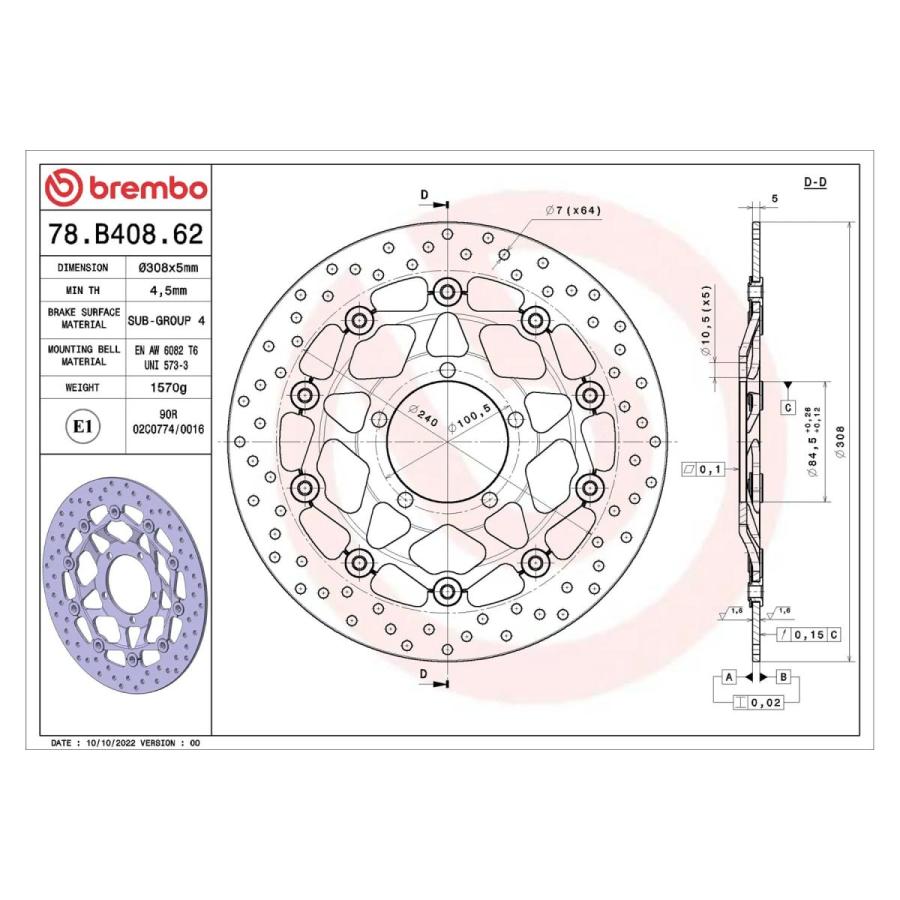 brembo (ブレンボ) セリエオロ セリエオロ ブレーキディスク セミフローティング Daytona 675 R Triple(09-12)、Street Triple 675(08-12) 78B40862 | brembo | 01