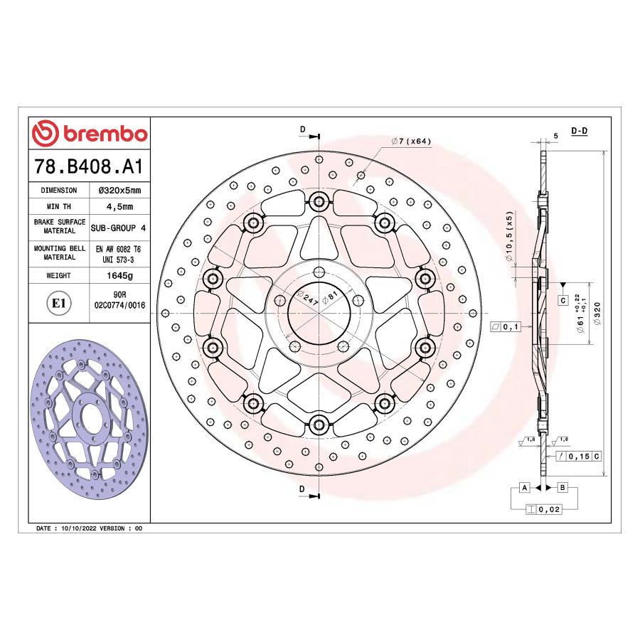 brembo (ブレンボ) セリエオロ セリエオロ ブレーキディスク セミフローティング ZX12R(00-03)、ZZR 1100 (〜D)(93-01)、ZX-9R(94-97、02-03) 78B408A1 | brembo | 01