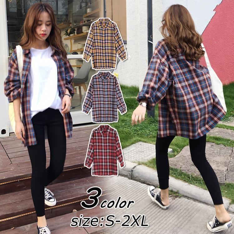 ブラウス レディース 春 夏 秋 長袖 ブラウス おしゃれ チェック柄トップス ミディアム丈シャツ オーバー カジュアル韓国風 大きいサイズシャツ 30代 40代 ブラウス レディース 40代 春夏秋 長袖 オシャレチェック柄トップス