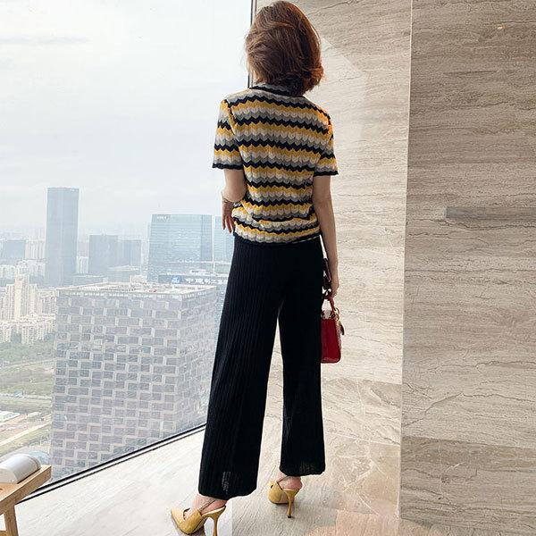 レディース セットアップ ストライプニットシャツ ワイドパンツ 2点