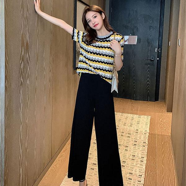 レディース セットアップ ストライプニットシャツ ワイドパンツ 2点