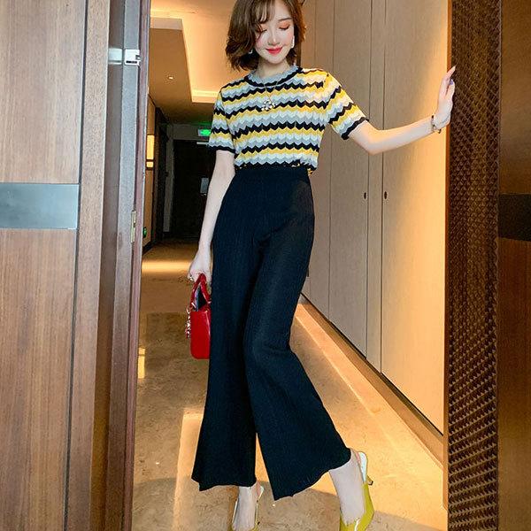 レディース セットアップ ストライプニットシャツ ワイドパンツ 2点
