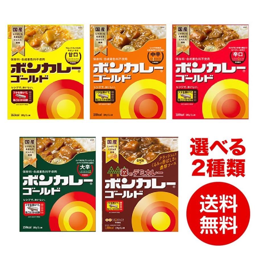 ボンカレーゴールド 4種類から2種類選べる2個セット 送料無料 ポスト投函便 国産野菜使用 安心おいしい 大塚食品 レトルトカレー 保存食