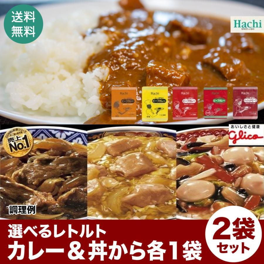 レトルトカレー＆丼レトルト 各1袋２袋セット　カレー　牛丼　親子丼　中華丼　 ポイント消化 ポスト投函便 ５００円ポッキリ ハチ食品　グリコ食品｜plumterracenet