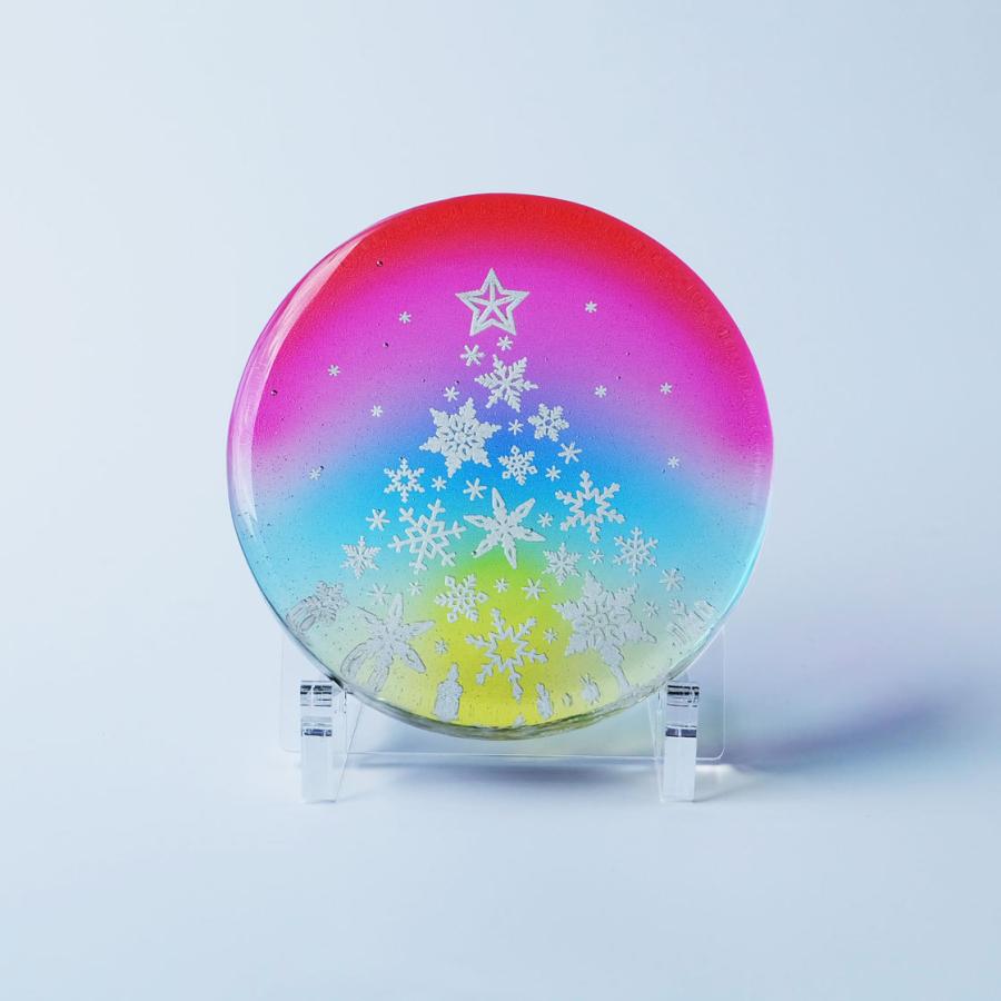 ガラス製ペーパーウェイト 雪の結晶クリスマスツリー 専用スタンド付き