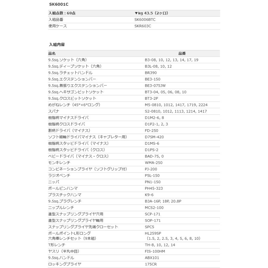 送料別途 直送品 KTC 9.5sq. モーターサイクルツールステーションセット [69点] SK6001C | KTC | 03