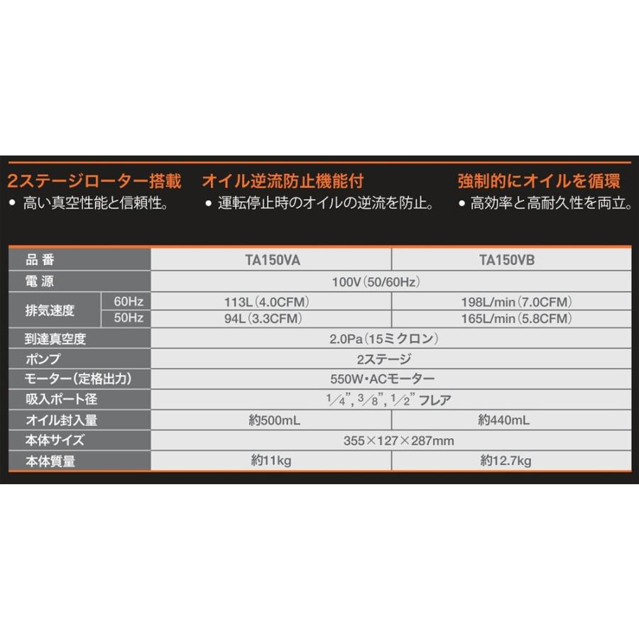 NAVAC TA150VA オイル逆流防止弁付 高性能ツーステージ 真空ポンプ TA150VA | イチネンTASCO | 03