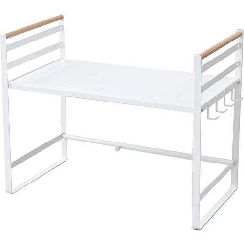 [山善] レンジ上ラック (伸縮) 幅46-73×奥行35.5×高さ51cm 棚板高さ調節可 4連フック付き お客様組立品 ホワイト (ツヤなし | 