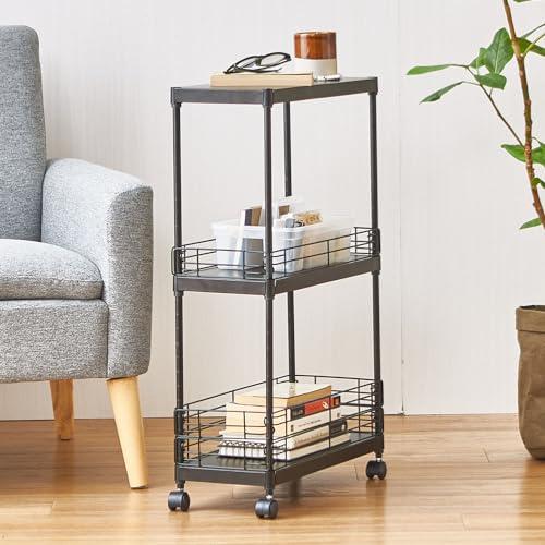 ドウシシャ サイドテーブル キッチンワゴン ランドリーワゴン キャスター付き スリム 黒 ブラック 3段 幅20cm×奥行45cm×高さ74.5 | 