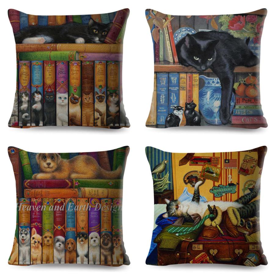 クッションカバー 黒猫 靴下猫 ソックス猫 本棚 背表紙 ネコ 45x45cm おしゃれ かわいい アニマル クッション  ピローケース 雑貨 |  | 01