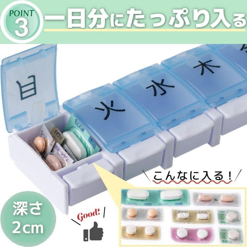 ピルケース 薬ケース サプリメントケース 1週間 力のいらないワンタッチ開閉ボタン式薬入れ 習慣薬箱 ブルー 激安通販の