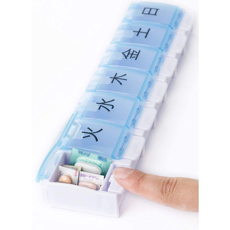 ピルケース 薬ケース サプリメントケース 1週間 力のいらないワンタッチ開閉ボタン式薬入れ 習慣薬箱 ブルー 激安通販の