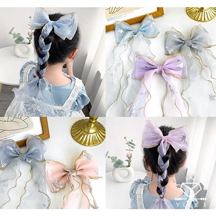 ヘアクリップ レディース ヘアアクセサリー 女性 髪飾り まとめ髪 髪留め ヘアアレンジ 可愛い 雪の結晶柄 スノー柄 おし 人気デザイナー シフォン調 リボン 長め