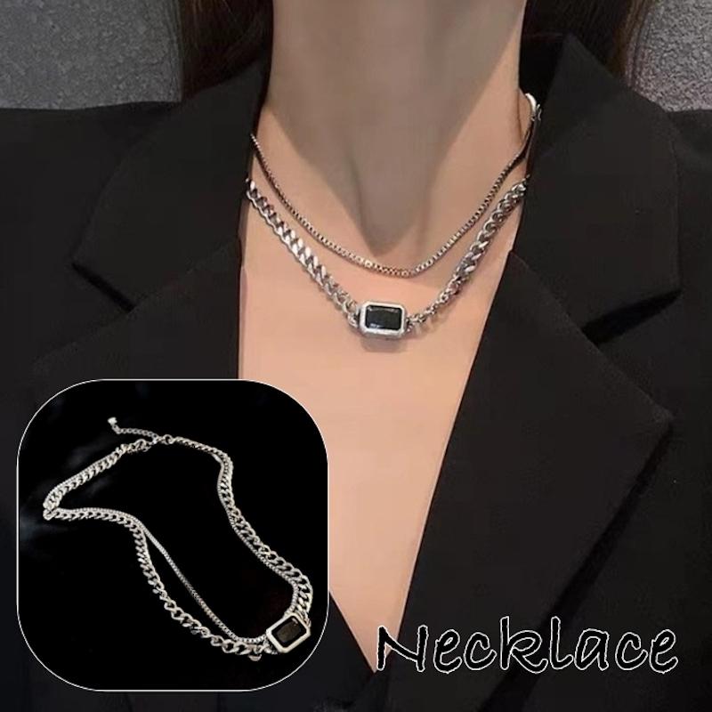 ネックレス アクセサリー レディース 女性用 重ね付け風 2連 シルバーカラー 黒 ワイドチェーン ごつめ かっこいい おしゃれ ギフト 記念日 誕生 Acc プラスナオyahoo 店 通販 Yahoo ショッピング