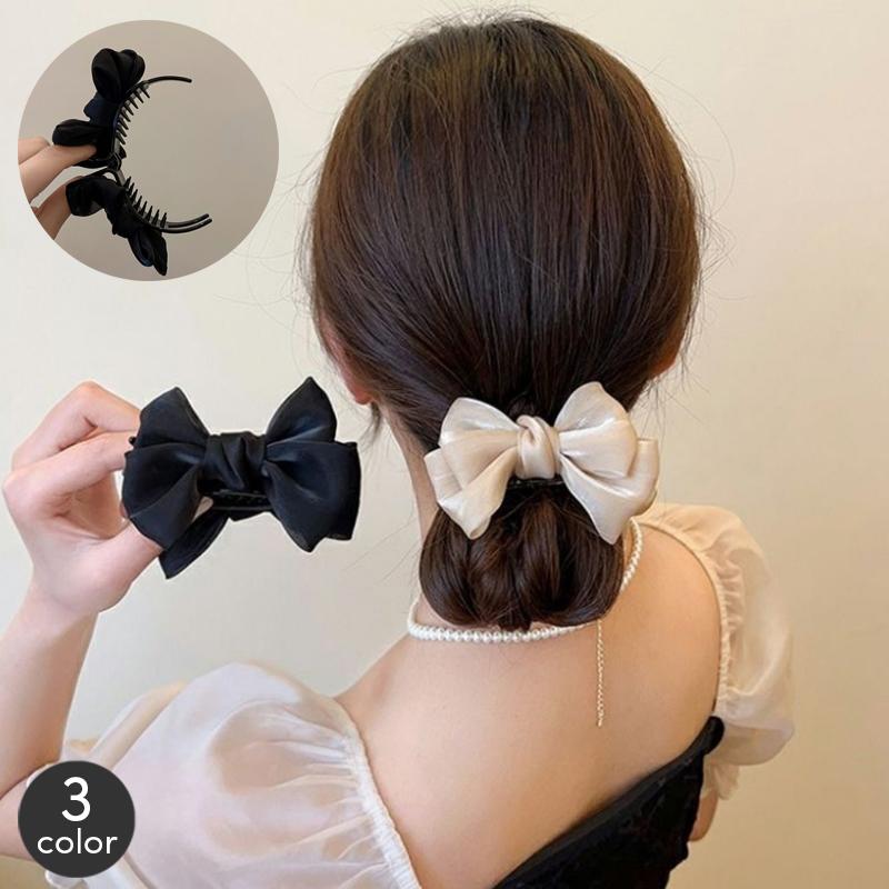 ヘアクリップ リボン パール付き バンスクリップ かわいい アレンジ plusnao バンスクリップ ヘアクリップ リボン ヘアアクセサリー