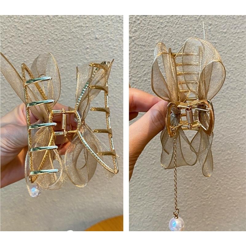 ♬揺れる♪パールチャーム付き ラテ＆水色 バンスクリップ ヘアゴム