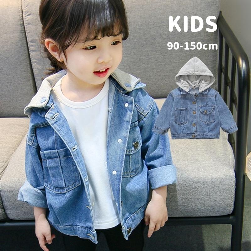 デニムジャケット 長袖 アウター キッズ 子供服 女の子 男の子 フード付き 取り外し可能 羽織り 前ボタン カジュアル 定番 おしゃれ かわいい プラスナオ Paypayモール店 通販 Paypayモール