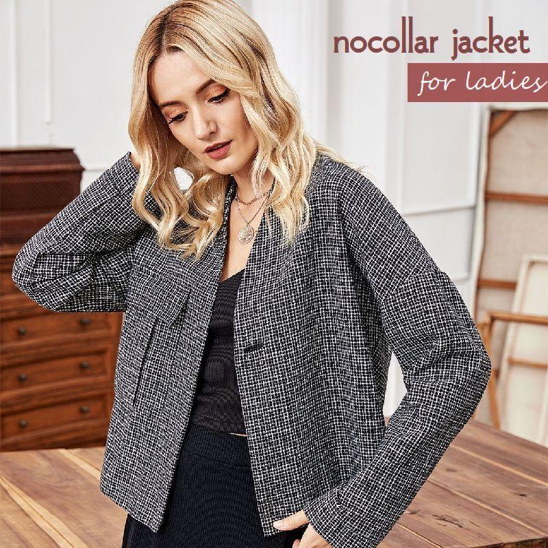 ノーカラージャケット レディース 女性用 アウター 上着 長袖 襟なし チェック柄 格子柄 ドロップショルダー ゆったり 胸ポケット おしゃれ カジュ Aut プラスナオyahoo 店 通販 Yahoo ショッピング