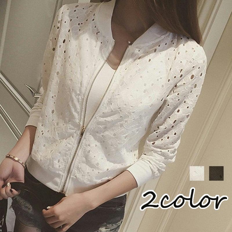 ブルゾン ジャンパー レディース 婦人服 アウター ジャケット 羽織り 総レース 花柄レース おしゃれ かわいい ジップアップ ファスナー 袖口リブ お買い得