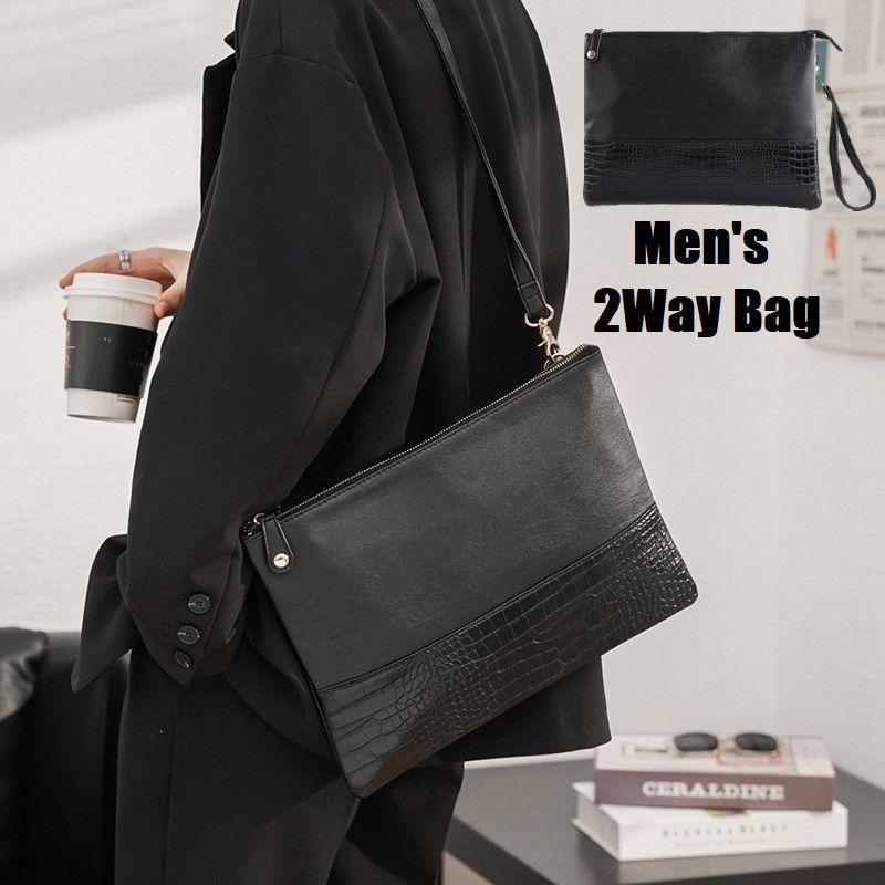 魅力の 2wayバッグ クラッチバッグ ショルダーバッグ メンズ 鞄 四角形 肩掛け 斜め掛け カバン ファスナー レザー調 ストラップ付き 内ポケット セカ