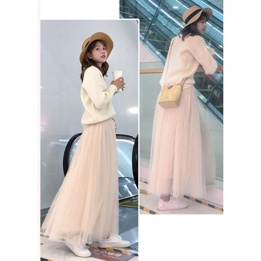 チュールスカート ロング マキシ ミモレ丈 レディース Aライン フレア ウエストゴム 裏地あり 無地 春夏 体型カバー ふんわり | plusnao | 13