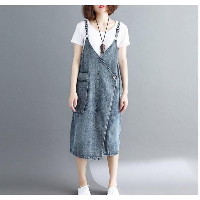 ジャンパースカート レディース 女性 ボトムス 膝丈 ジーンズ デニム シンプル 無地 ポケット クロス カジュアル ジャンスカ 大きいサイズ おしゃ | plusnao | 01