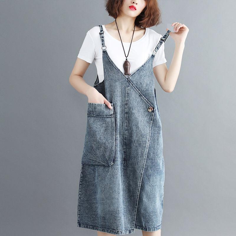 ジャンパースカート レディース 女性 ボトムス 膝丈 ジーンズ デニム シンプル 無地 ポケット クロス カジュアル ジャンスカ 大きいサイズ おしゃ | plusnao | 03