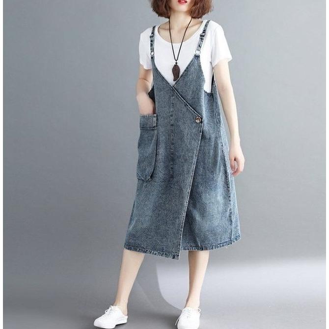 ジャンパースカート レディース 女性 ボトムス 膝丈 ジーンズ デニム シンプル 無地 ポケット クロス カジュアル ジャンスカ 大きいサイズ おしゃ | plusnao | 05