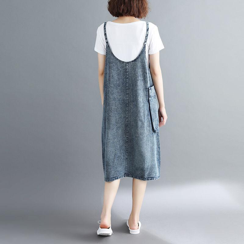 ジャンパースカート レディース 女性 ボトムス 膝丈 ジーンズ デニム シンプル 無地 ポケット クロス カジュアル ジャンスカ 大きいサイズ おしゃ | plusnao | 06