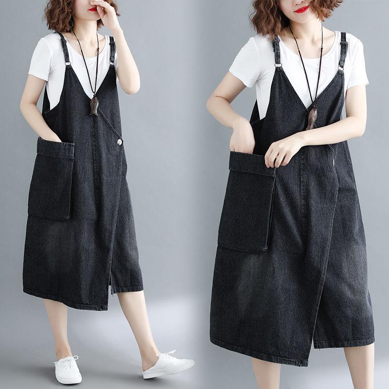 ジャンパースカート レディース 女性 ボトムス 膝丈 ジーンズ デニム シンプル 無地 ポケット クロス カジュアル ジャンスカ 大きいサイズ おしゃ | plusnao | 08