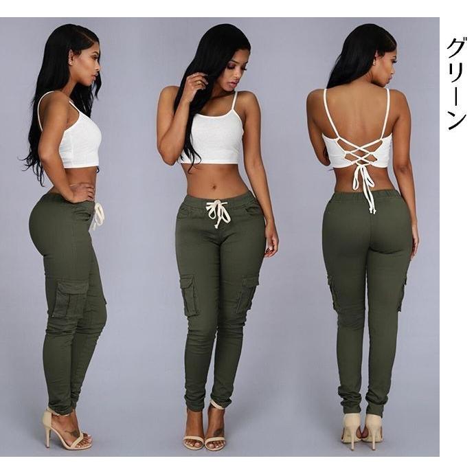 ロングパンツ カーゴパンツ スキニーパンツ 長ズボン レディース ボトムス スリム タイト カジュアル おしゃれ シンプル 無地 単色 ソリッドカラー | plusnao | 13