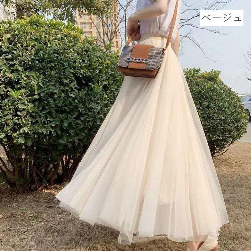 スカート レディース マキシ丈 ミモレ丈 ロング丈 ボトムス Aライン チュールスカート フレアスカート 透け感 無地 メッシュ シンプル ウエストゴ | plusnao | 13