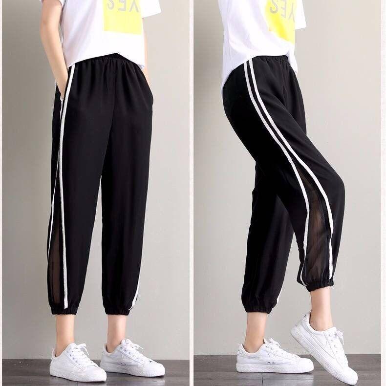 ジョガーパンツ レディース 女性用 ボトムス ロングパンツ クロップド丈 スウェット風 サイドライン シースルー 無地 ポケット付き スポーティー お | plusnao | 01