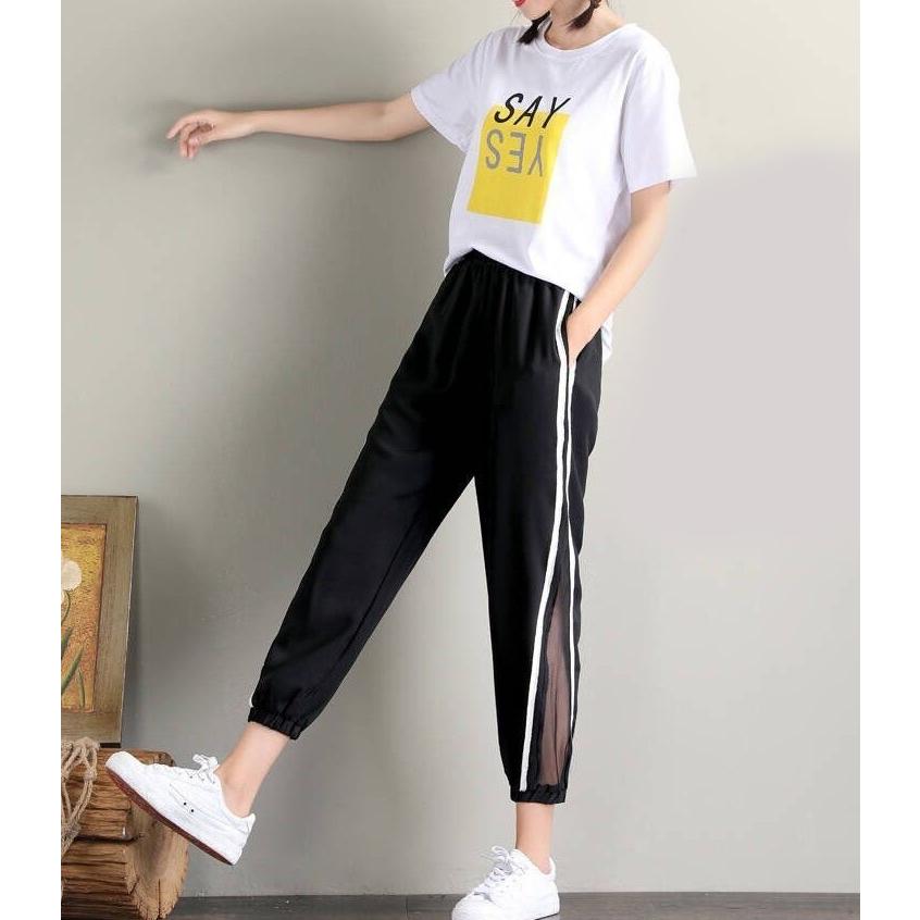 ジョガーパンツ レディース 女性用 ボトムス ロングパンツ クロップド丈 スウェット風 サイドライン シースルー 無地 ポケット付き スポーティー お | plusnao | 02