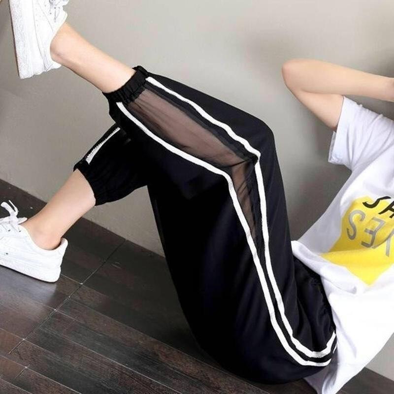 ジョガーパンツ レディース 女性用 ボトムス ロングパンツ クロップド丈 スウェット風 サイドライン シースルー 無地 ポケット付き スポーティー お | plusnao | 05