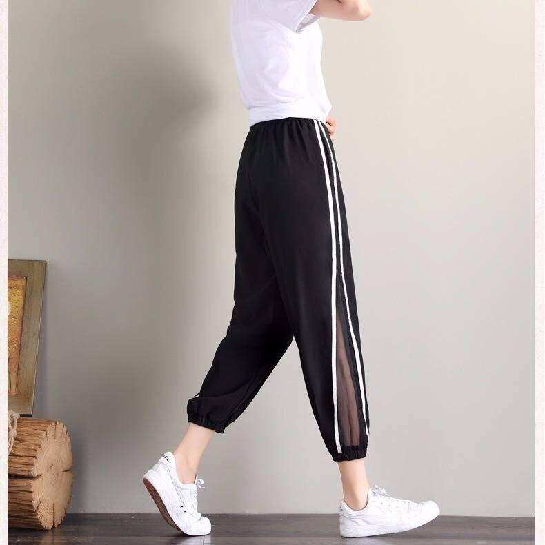 ジョガーパンツ レディース 女性用 ボトムス ロングパンツ クロップド丈 スウェット風 サイドライン シースルー 無地 ポケット付き スポーティー お | plusnao | 06