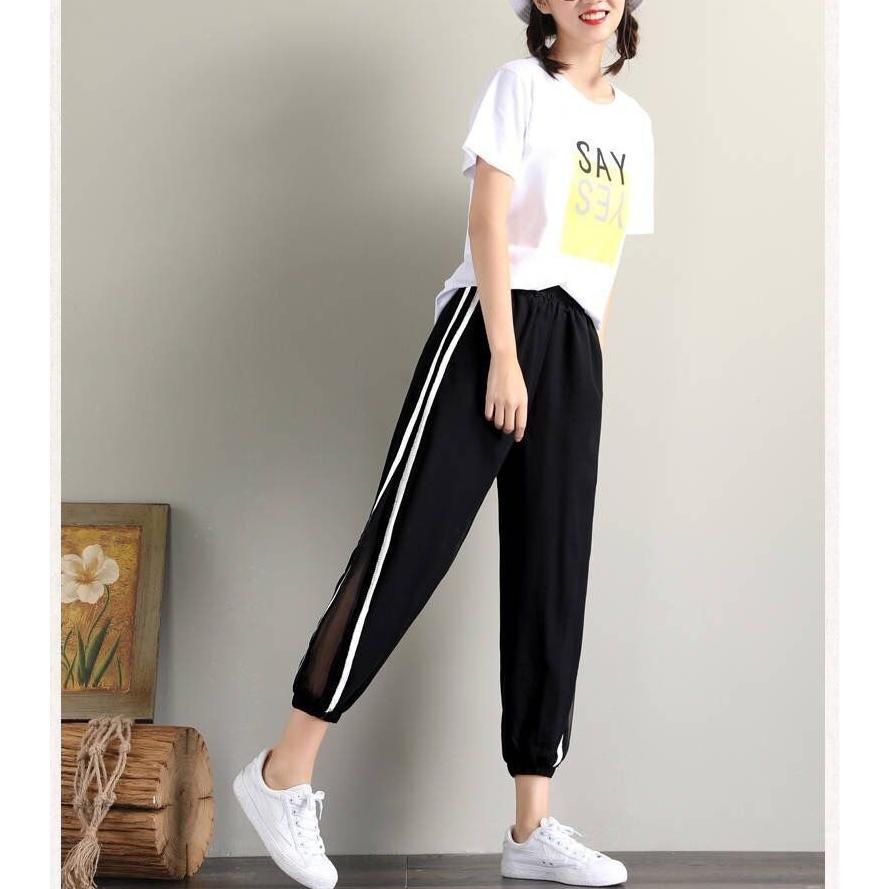 ジョガーパンツ レディース 女性用 ボトムス ロングパンツ クロップド丈 スウェット風 サイドライン シースルー 無地 ポケット付き スポーティー お | plusnao | 07