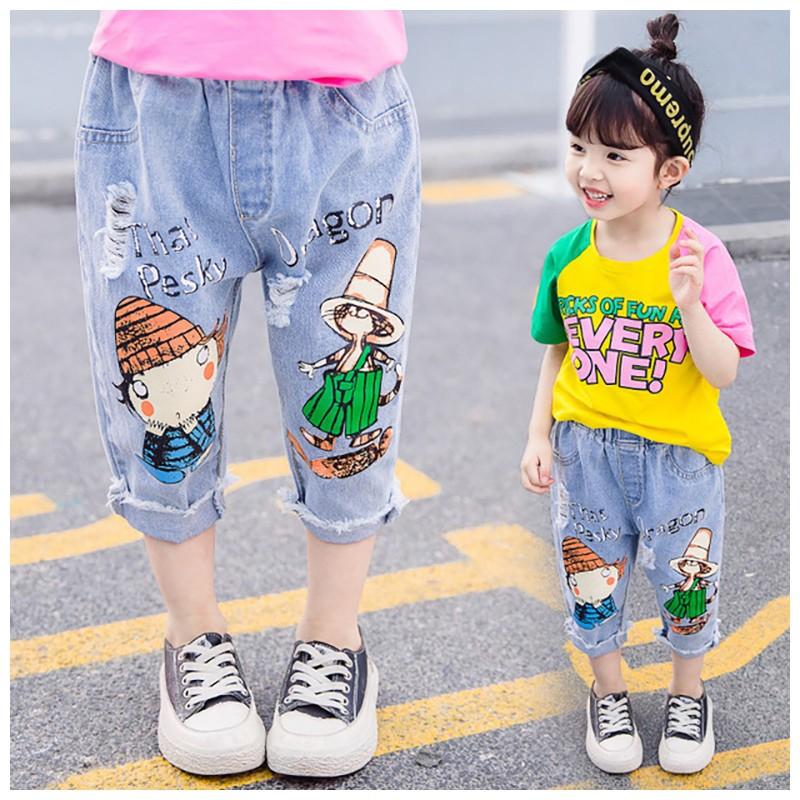子供服 キッズウェア ズボン 長ズボン デニム ７部丈 イラスト プリント ダメージ加工 おしゃれ カジュアル かわいい 男の子 女の子 夏 90cm Bot プラスナオyahoo 店 通販 Yahoo ショッピング