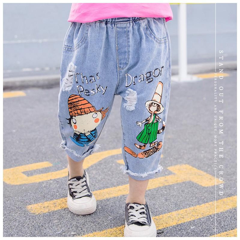子供服 キッズウェア ズボン 長ズボン デニム ７部丈 イラスト プリント ダメージ加工 おしゃれ カジュアル かわいい 男の子 女の子 夏 90cm Bot プラスナオyahoo 店 通販 Yahoo ショッピング