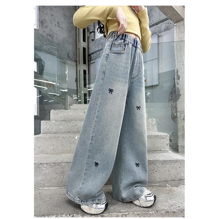 リボン刺繍デニムパンツ ジーパン ジーンズ ワイドパンツ キッズ 子供