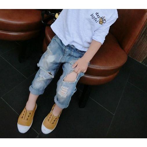 デニムパンツ ダメージデニムパンツ ジーンズ ロングパンツ キッズ ジュニア 子供服 男の子 女の子 男女兼用 ボトムス 破れ加工 擦れ 穴あき カジ | plusnao