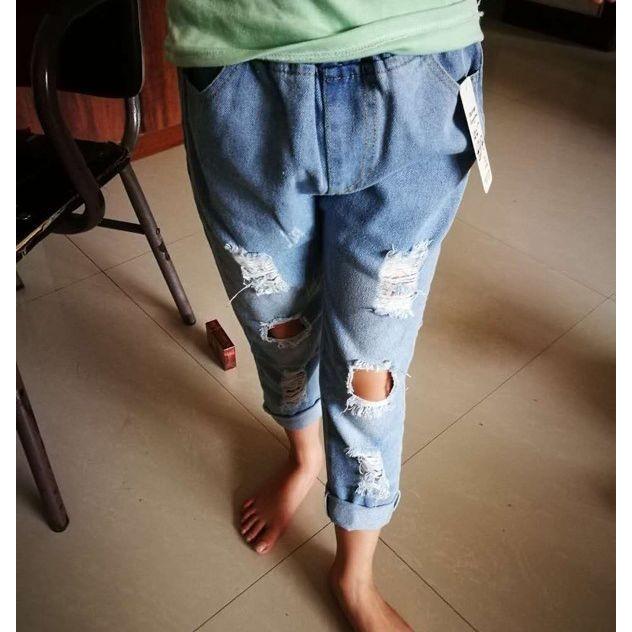 デニムパンツ ダメージデニムパンツ ジーンズ ロングパンツ キッズ ジュニア 子供服 男の子 女の子 男女兼用 ボトムス 破れ加工 擦れ 穴あき カジ | plusnao | 02