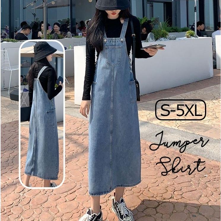 ジャンパースカート レディース ボトムス ロング丈 ミモレ丈 ジーンズ デニム シンプル 無地 カンガルーポケット カジュアル ジャンスカ 大きいサイ | plusnao