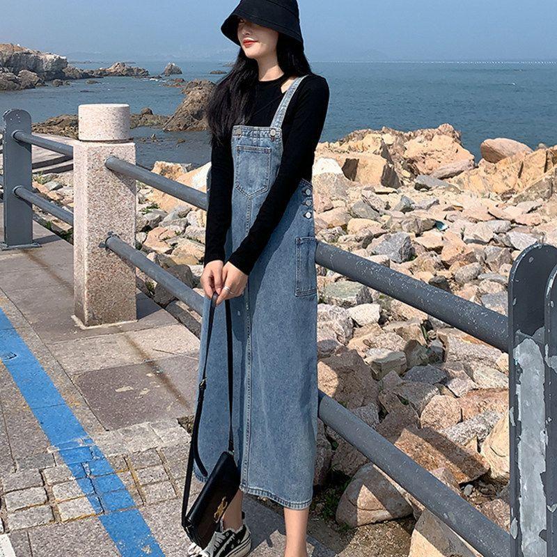 ジャンパースカート レディース ボトムス ロング丈 ミモレ丈 ジーンズ デニム シンプル 無地 カンガルーポケット カジュアル ジャンスカ 大きいサイ | plusnao | 01