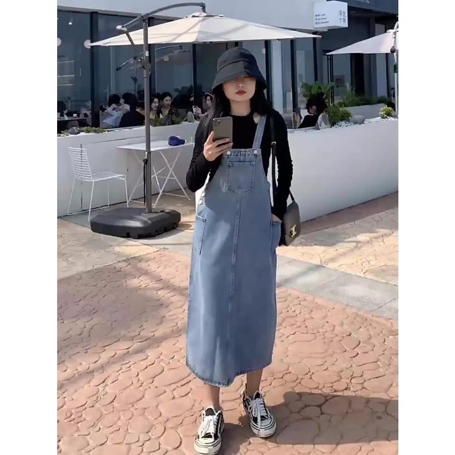 ジャンパースカート レディース ボトムス ロング丈 ミモレ丈 ジーンズ デニム シンプル 無地 カンガルーポケット カジュアル ジャンスカ 大きいサイ | plusnao | 10