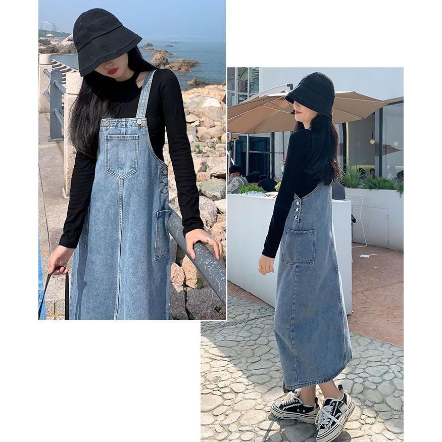 ジャンパースカート レディース ボトムス ロング丈 ミモレ丈 ジーンズ デニム シンプル 無地 カンガルーポケット カジュアル ジャンスカ 大きいサイ | plusnao | 11